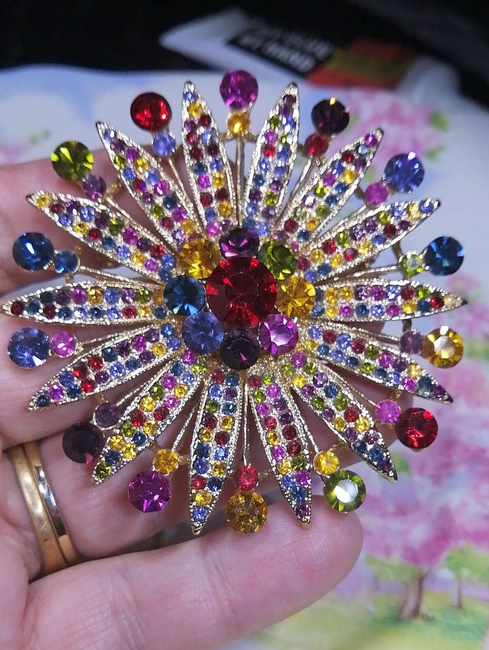 Multicolor Crystal Sunburst Large Brooch Gold Tone